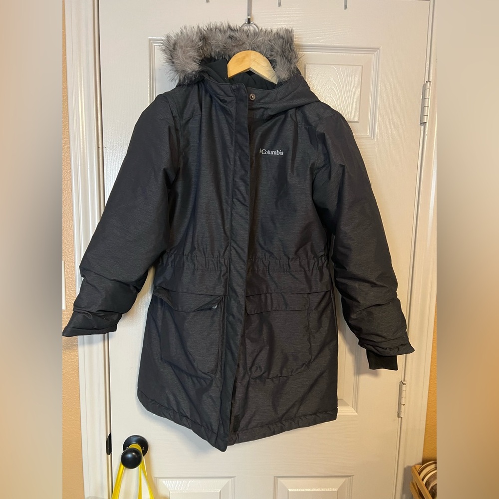 Columbia Black Puffer Jacket Coat  Faux Fur Hood SLEEVES GROW nordic strider(?)